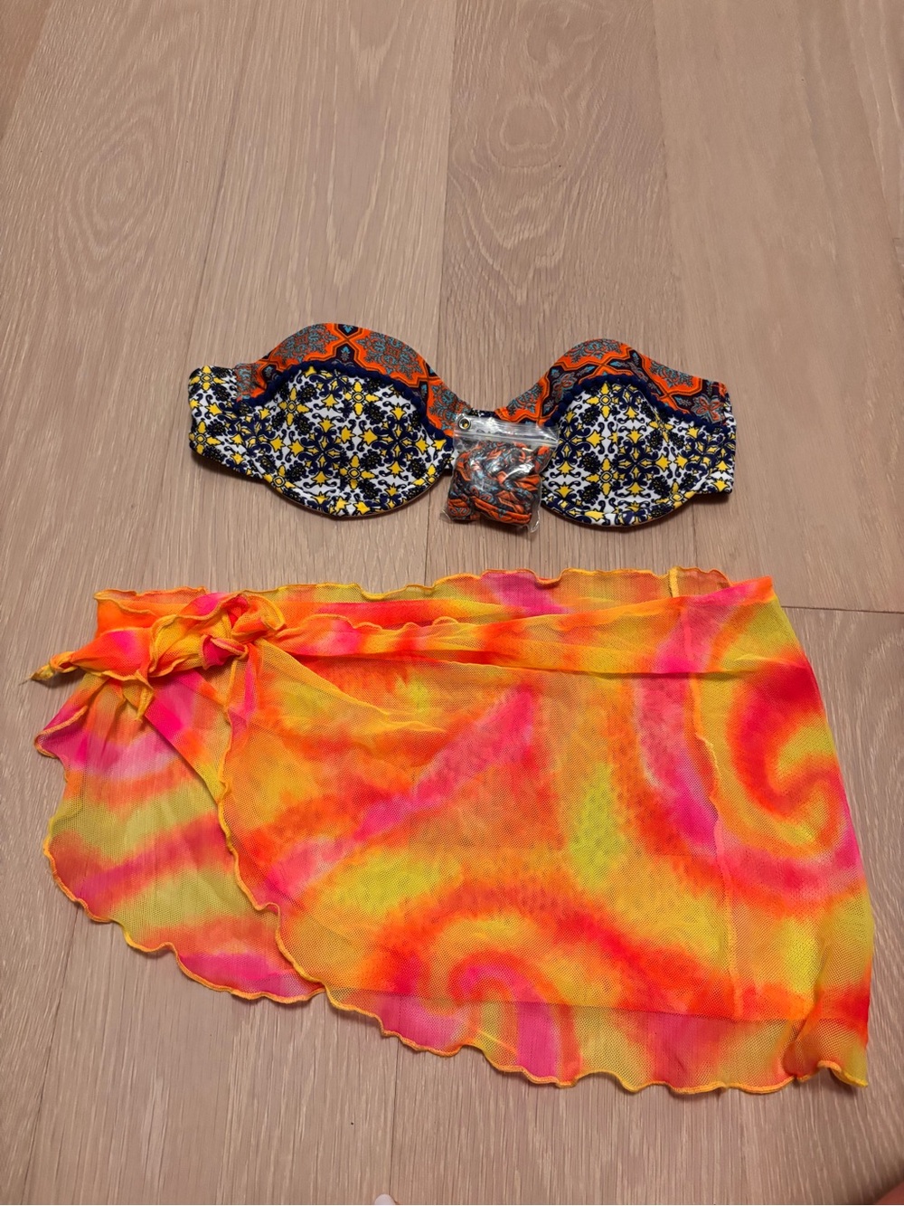 4 piece mix and match Bikini and Tie-Side Sarong Cover-Up - Vibrant Orange/Pink